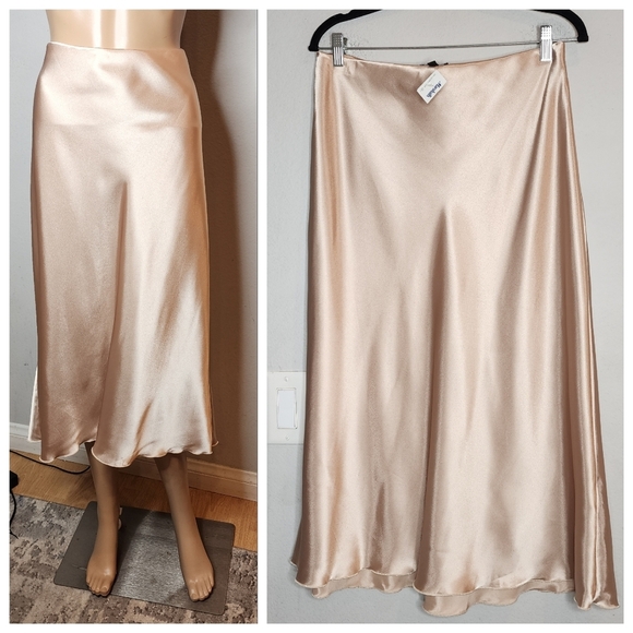 Nicole Miller Champagne Satin Pull On Midi Skirt Size Large New - Picture 1 of 14